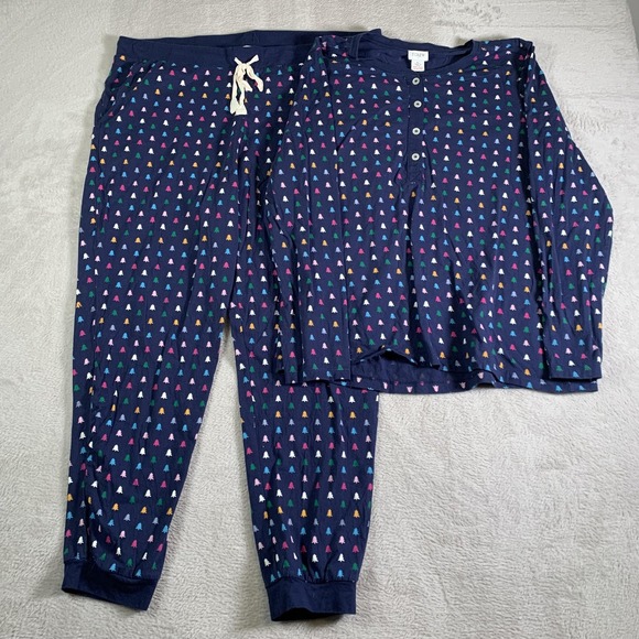 J.CREW Other - J.Crew Pajama Set Womens XL Blue Christmas Tree Print Henley Top Joggers Cotton